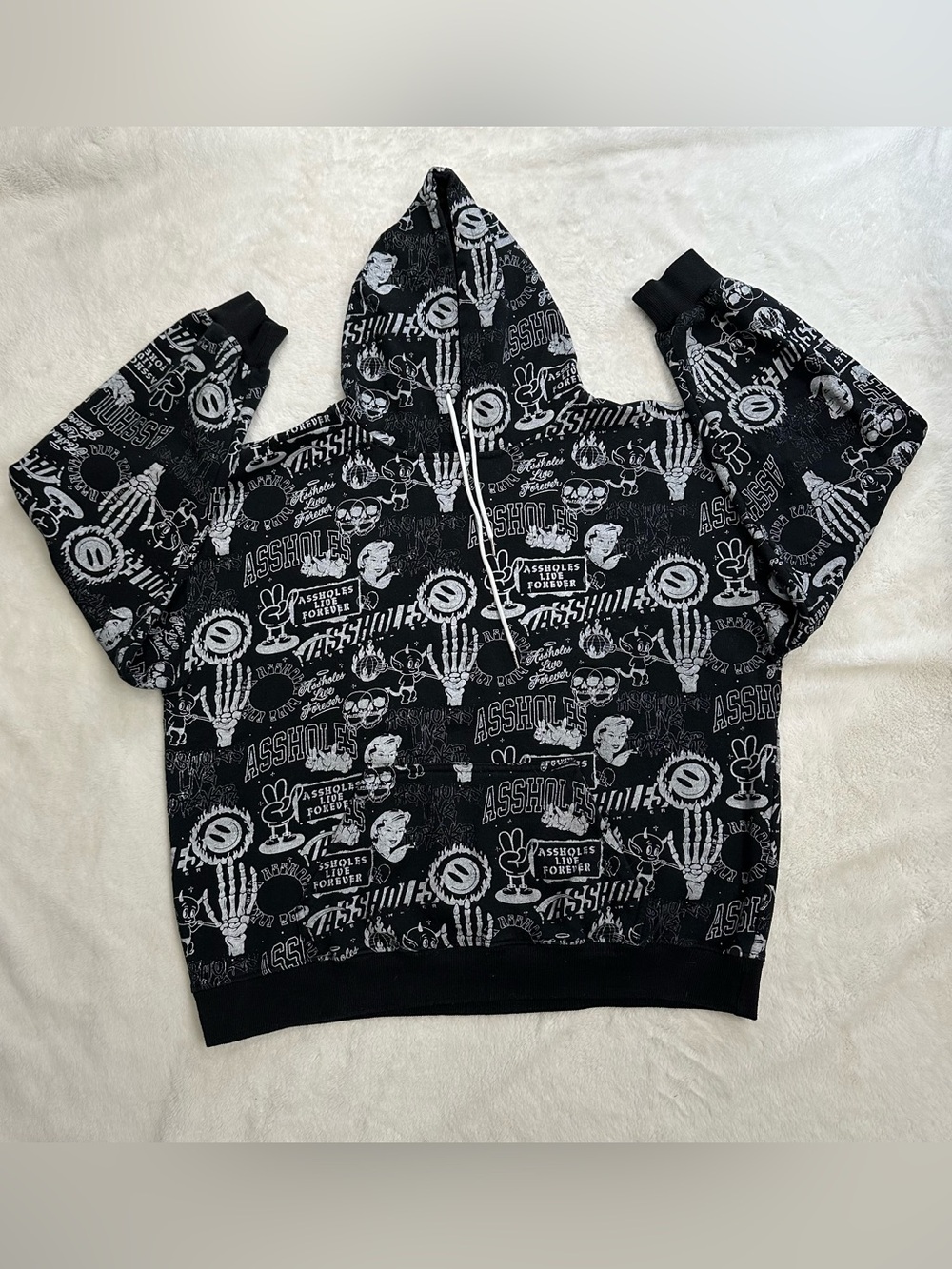 Assholes Live Forever Devil and Dolls Hoodie XL Black All Over Print Rare